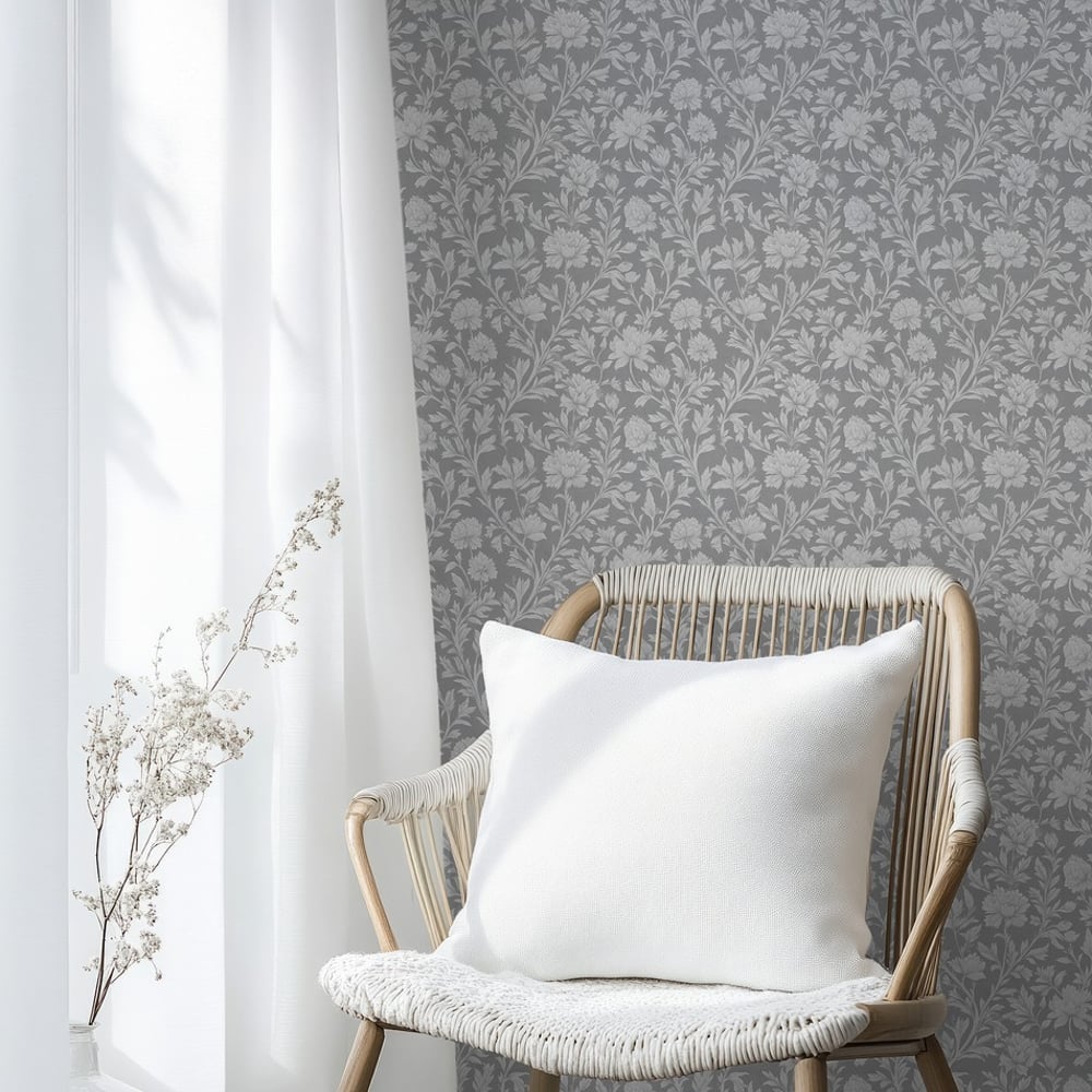 Alisa Dark Grey - Papiers peints - Gris - Salon - Floral - Scandza - Intissé