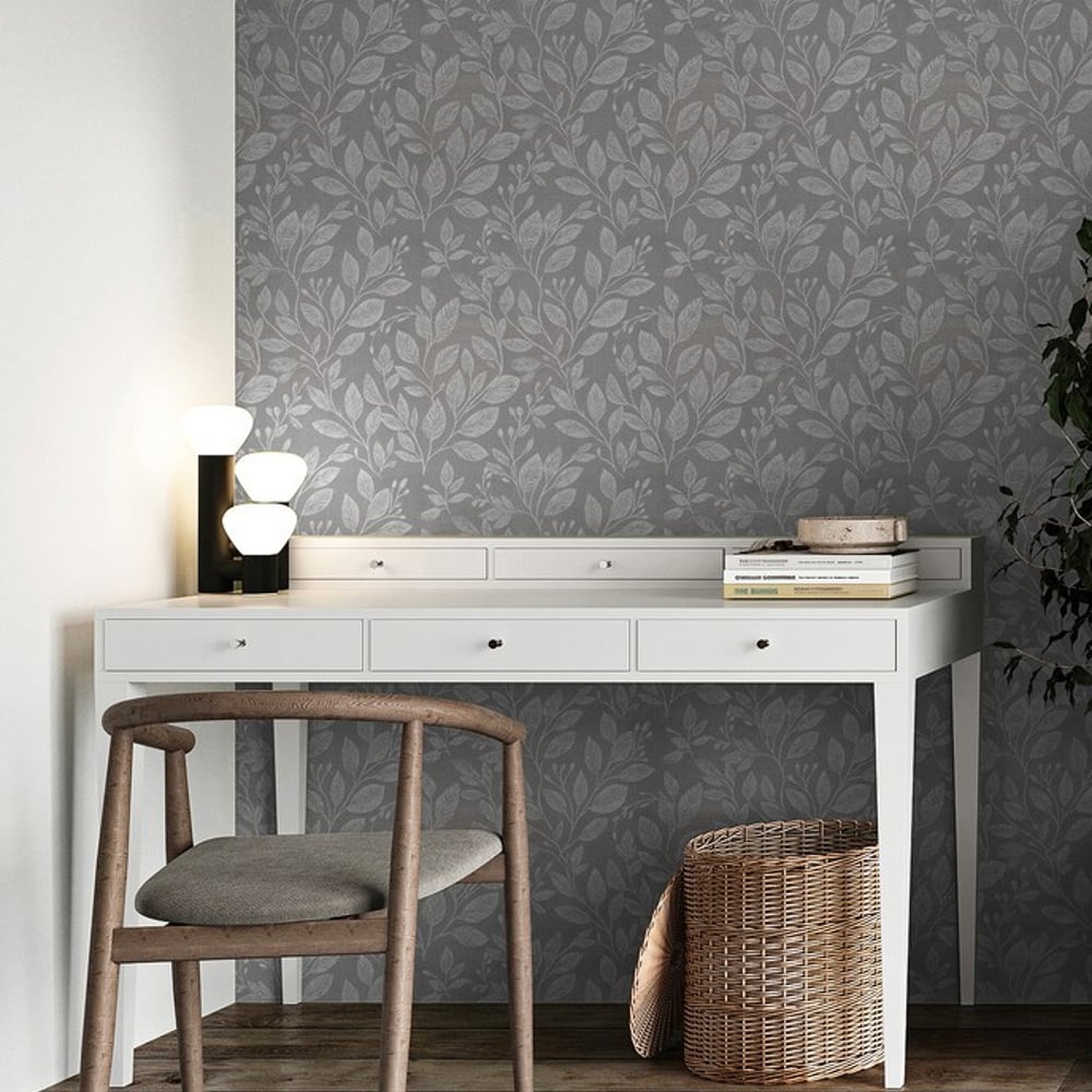 Leif Dark Grey - Papiers peints - Gris - Bureau - Feuille - Scandza - Intissé