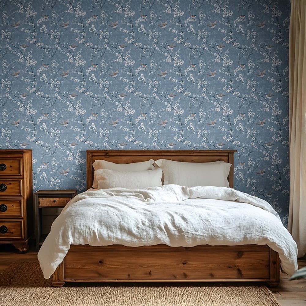 Ernst Dark Blue - Papiers peints - Bleu - Chambre - Oiseaux - Scandza - Intissé
