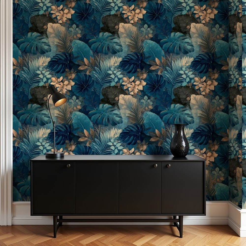 Nadim Blue - Wallpaper - Blue - Living room - Leaf - Blue Monkey - Non-Woven