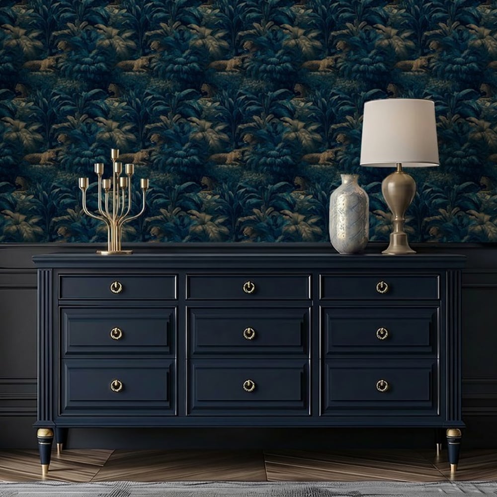 Ismail Blue Brown - Wallpaper - Blue - Living room - Animal - Blue Monkey - Non-Woven