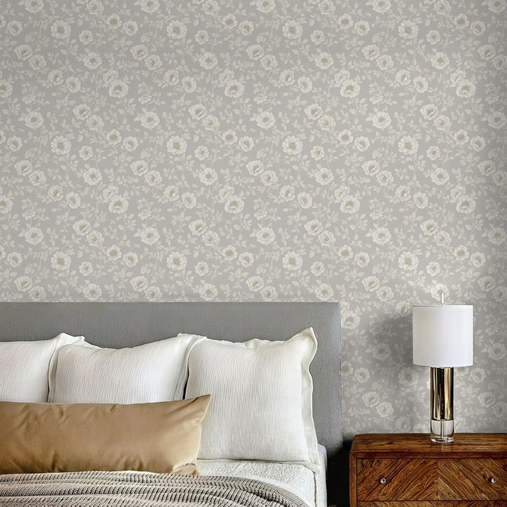 Sylvie Grey - Wallpaper - Grey - Bedroom - Floral - September - Non-Woven