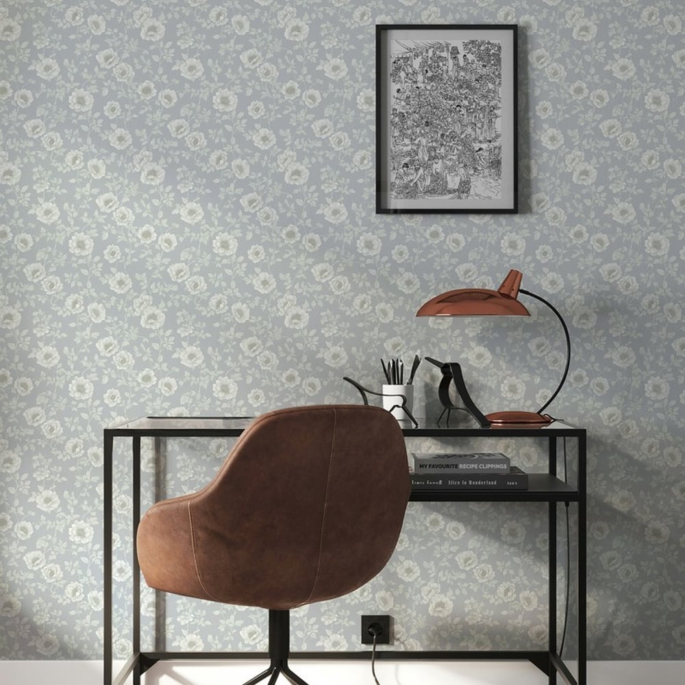 Sylvie Blue - Wallpaper - Blue - Office - Floral - September - Non-Woven