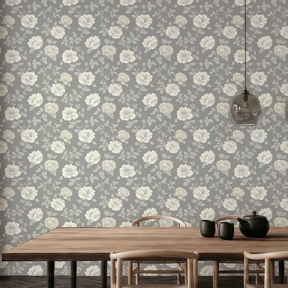 Janice Dark Grey - Tapet - Grå - Køkken - Blomstret - September - Non-Woven
