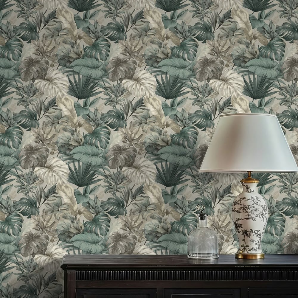 Servando Green - Wallpaper - Green - Living room - Leaf - Blue Monkey - Non-Woven