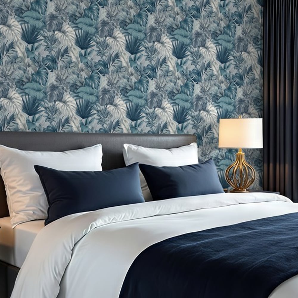 Servando Blue - Wallpaper - Blue - Bedroom - Leaf - Blue Monkey - Non-Woven