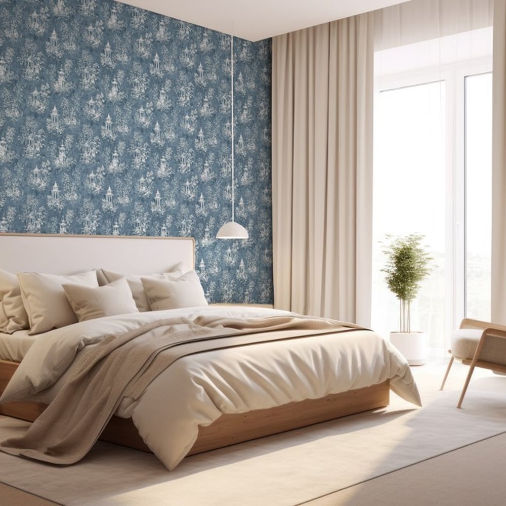 Yannick Blue - Wallpaper - Blue - Bedroom - Tree - September - Non-Woven