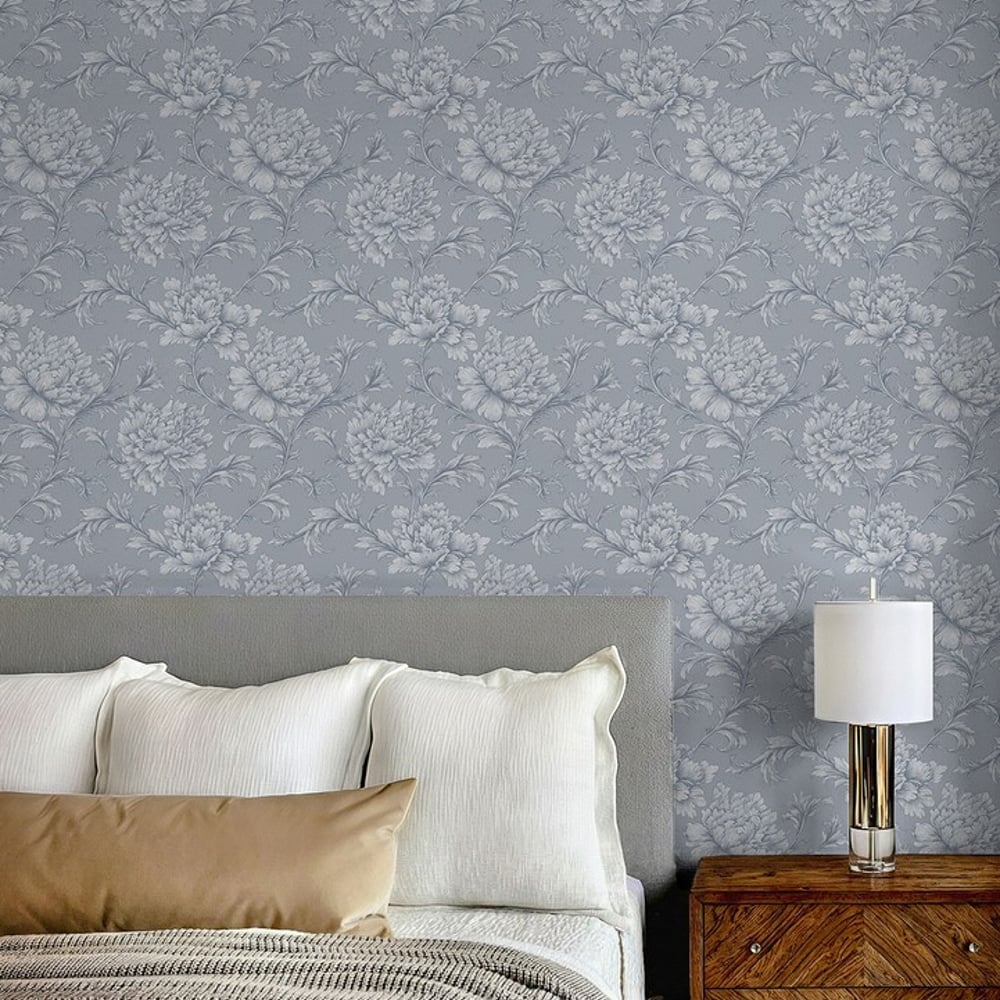 Timothy Blue - Wallpaper - Blue - Bedroom - Floral - September - Non-Woven