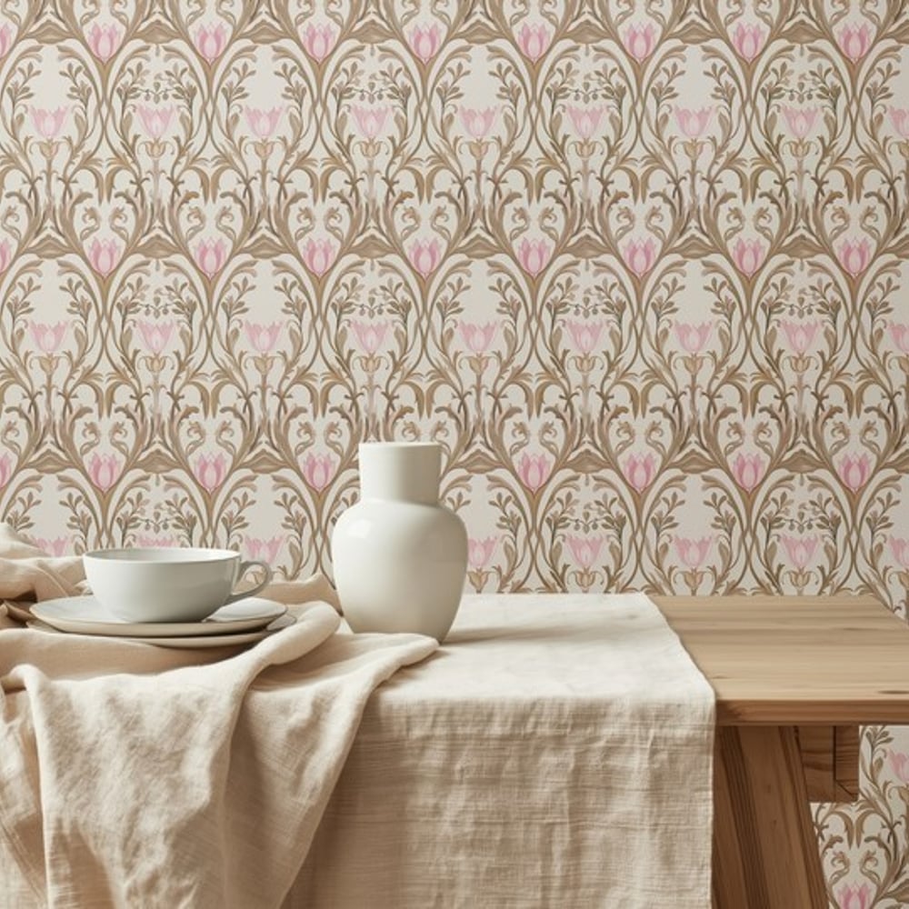 Gunvor Beige - Papiers peints - Beige - Cuisine - Floral - Scandza - Intissé