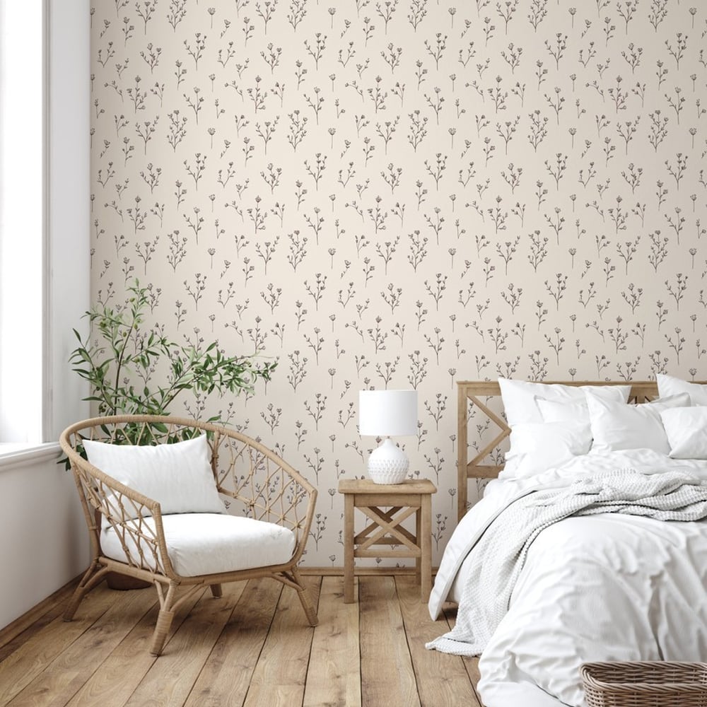 Andrea Beige - Wallpaper - Beige - Bedroom - Floral - Scandza - Non-Woven
