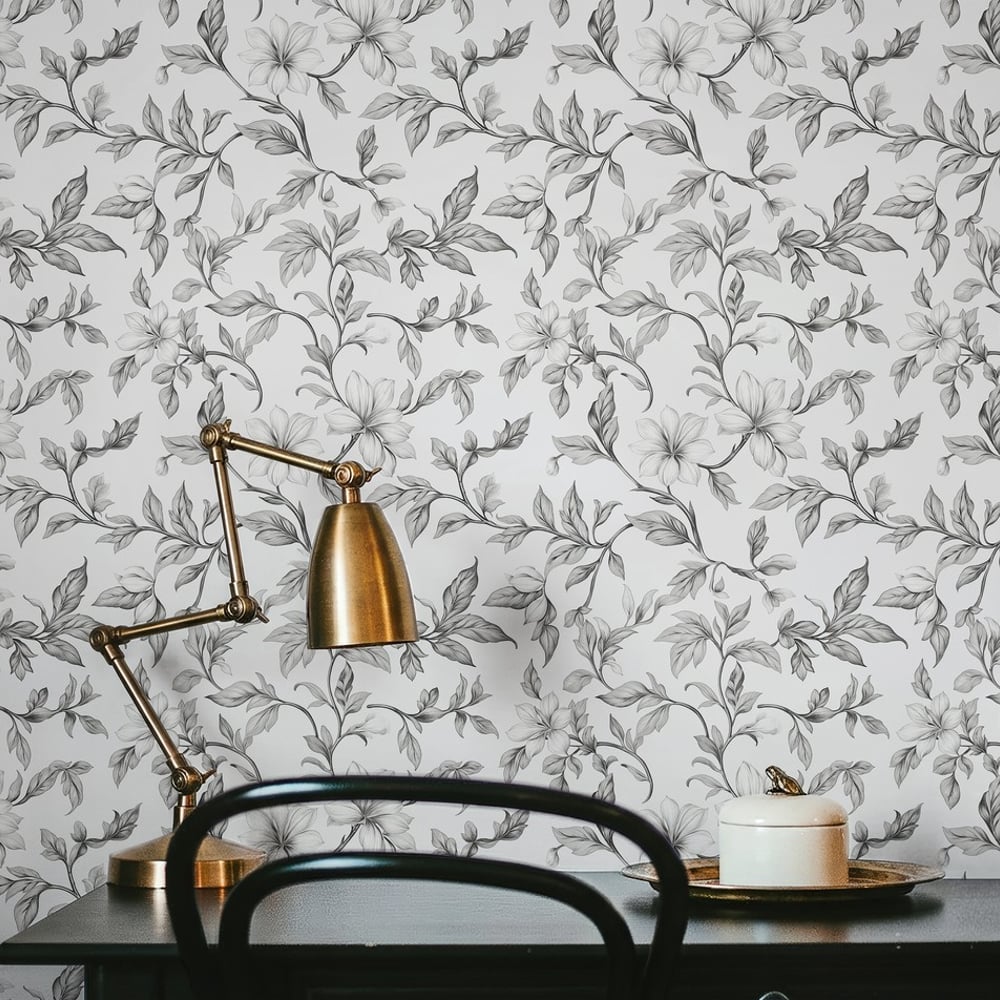 Jonna Grey - Papiers peints - Gris - Bureau - Floral - Scandza - Intissé