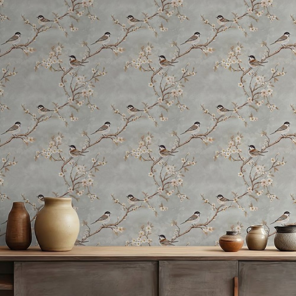 Erling Grey - Papiers peints - Gris - Salon - Oiseaux - Scandza - Intissé