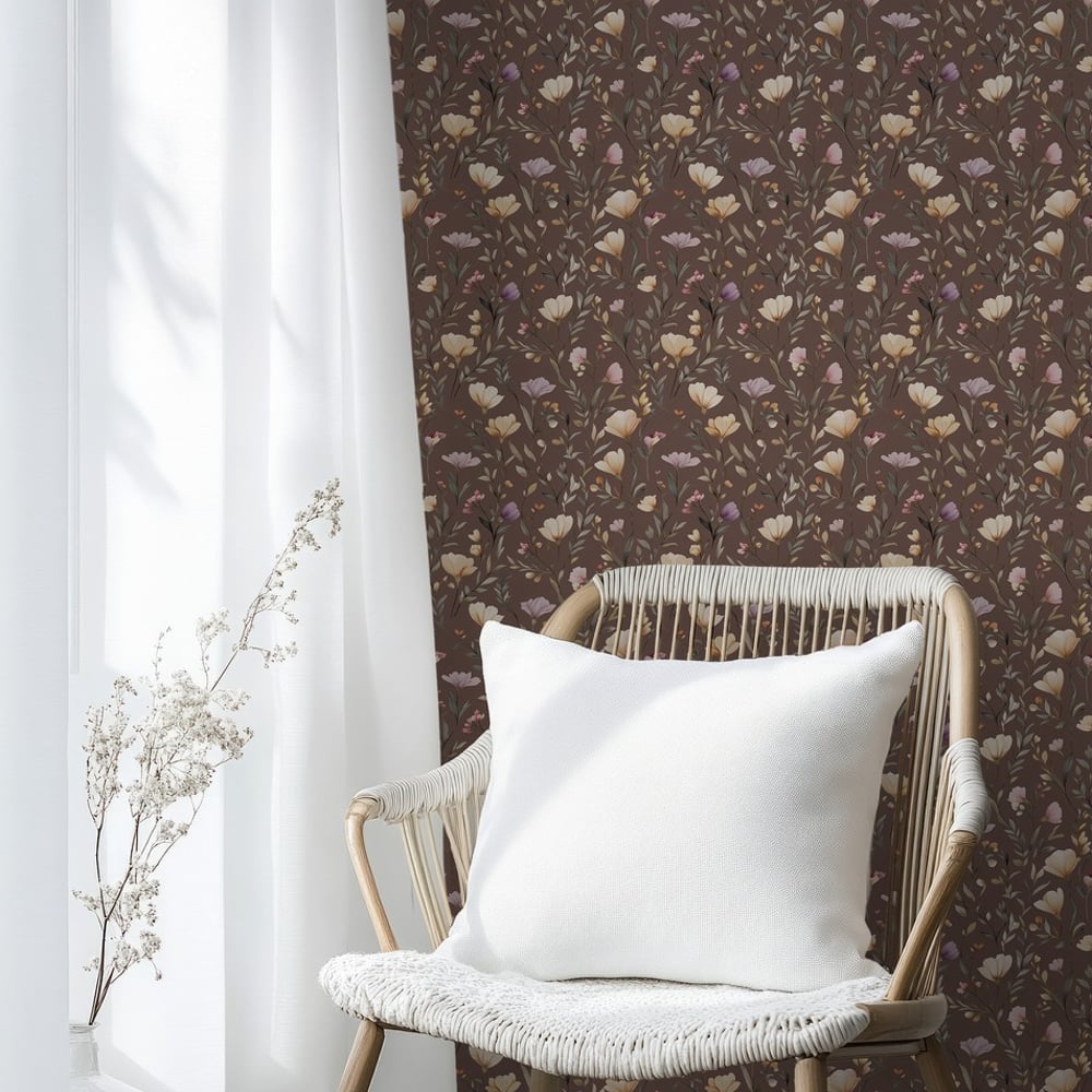 Claire Dark Brown - Papiers peints - Marron - Salon - Floral - Scandza - Intissé