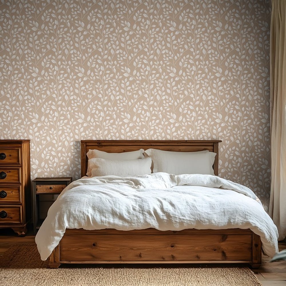 Glenn Beige - Papiers peints - Beige - Chambre - Feuille - Scandza - Intissé