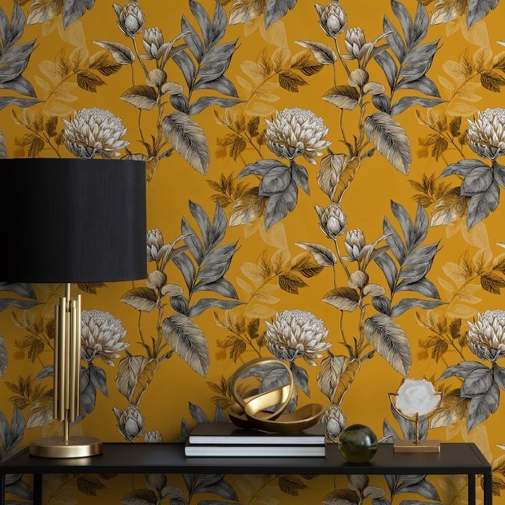 Tarifa Yellow - Wallpaper - Yellow - Hallway - Floral - Blue Monkey - Non-Woven