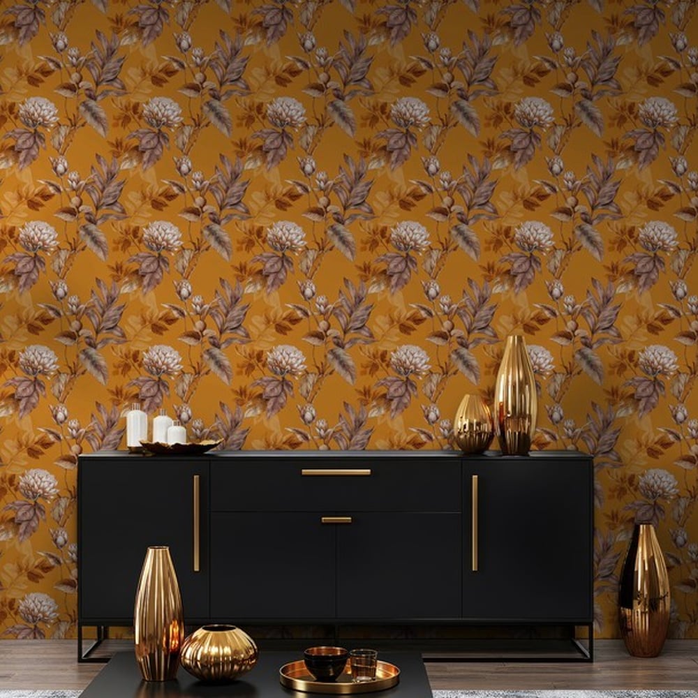 Tarifa Orange - Wallpaper - Orange - Living room - Floral - Blue Monkey - Non-Woven