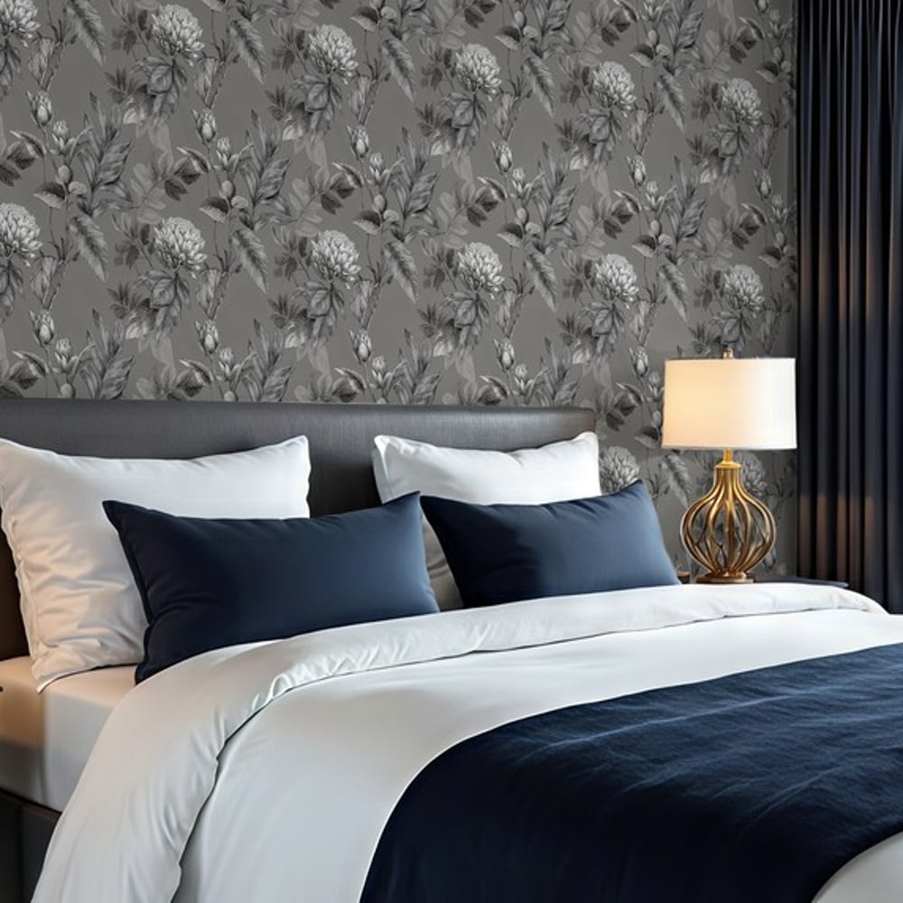 Tarifa Grey - Wallpaper - Grey - Bedroom - Floral - Blue Monkey - Non-Woven
