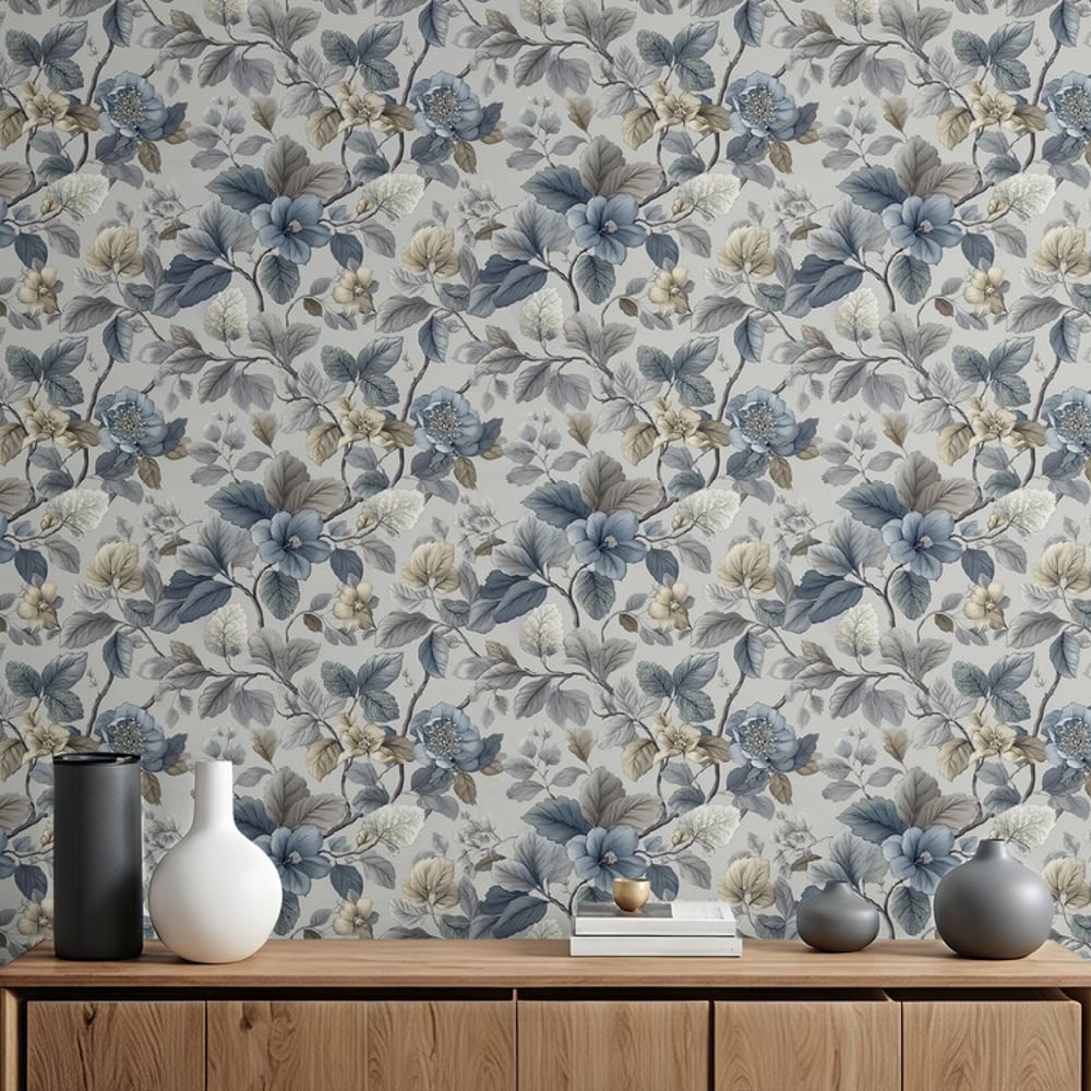Teresa Blue - Wallpaper - Blue - Living room - Floral - September - Non-Woven