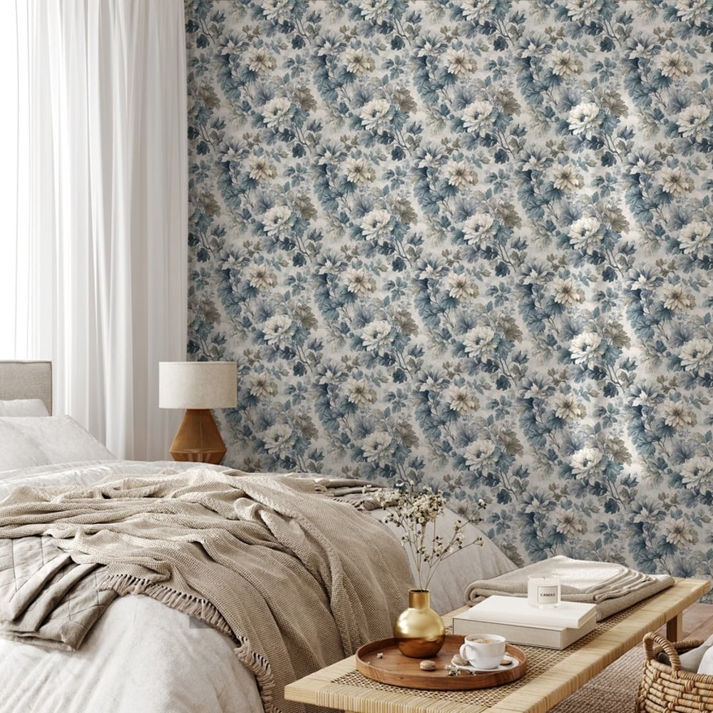 Tammy Blue - Wallpaper - Blue - Bedroom - Floral - September - Non-Woven