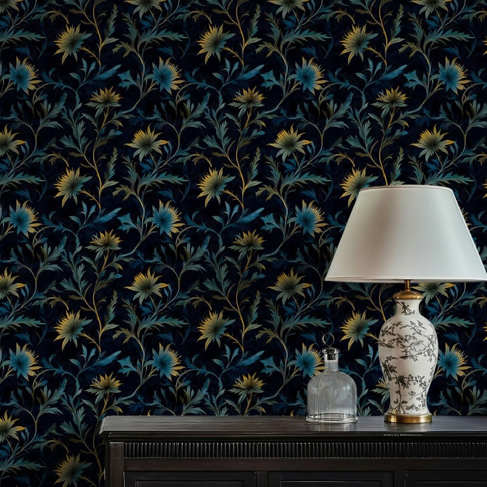 Charles - Wallpaper - Blue - Living room - Floral - Blue Monkey - Non-Woven