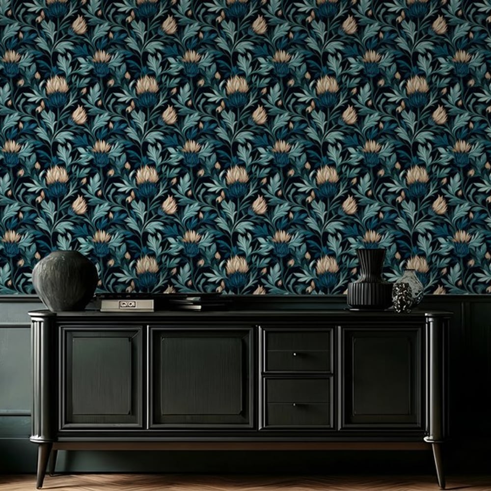 Greger - Wallpaper - Blue - Living room - Floral - Blue Monkey - Non-Woven