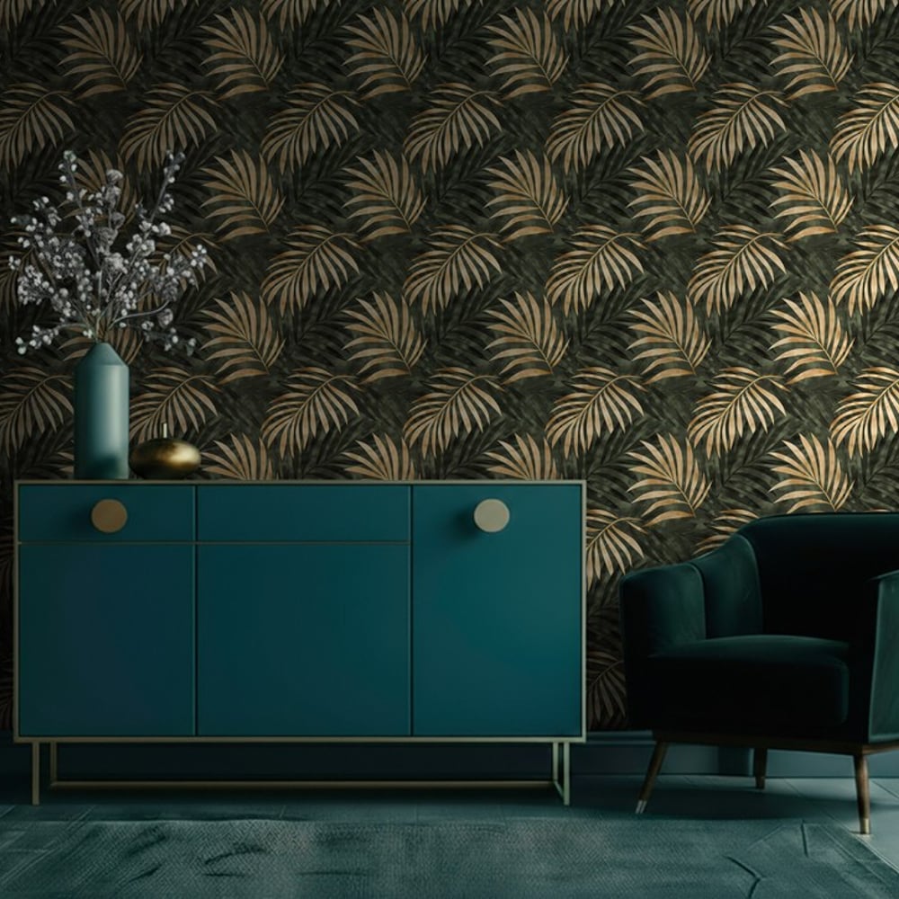Miguel Green - Wallpaper - Green - Living room - Leaf - Blue Monkey - Non-Woven