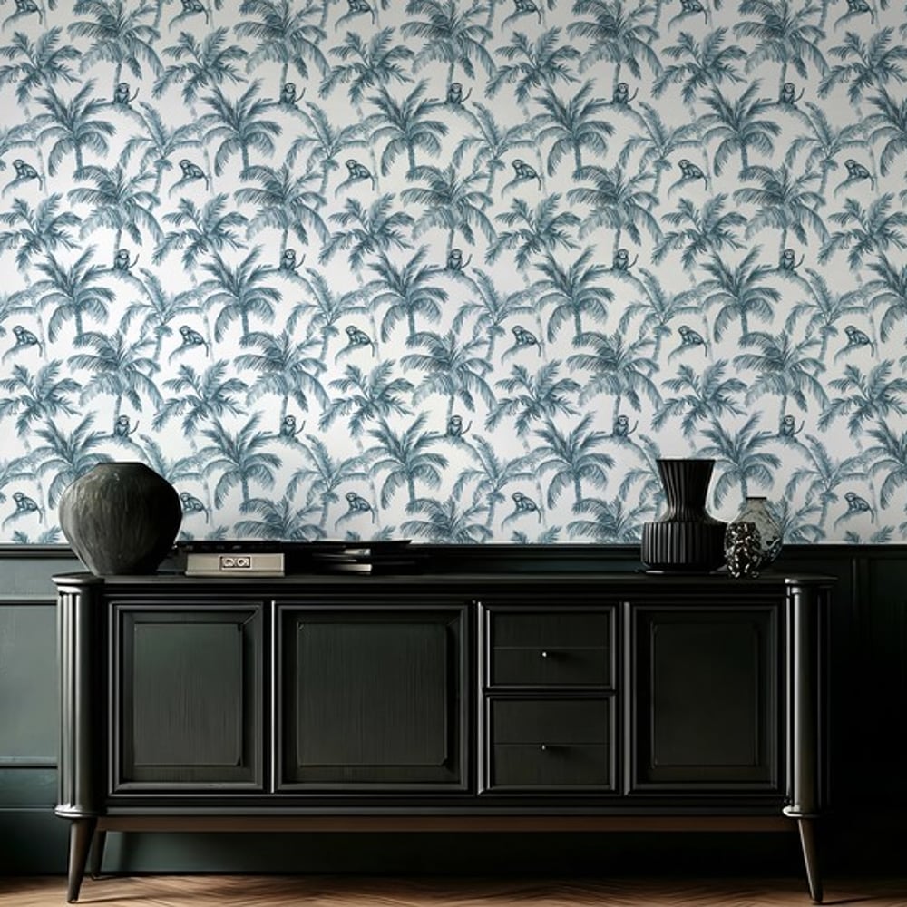 Kampala Blue - Wallpaper - Blue - Office - Animal - Blue Monkey - Non-Woven