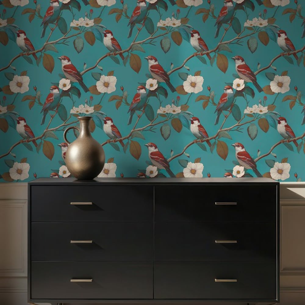 Frank Blue - Wallpaper - Blue - Living room - Birds - Blue Monkey - Non-Woven