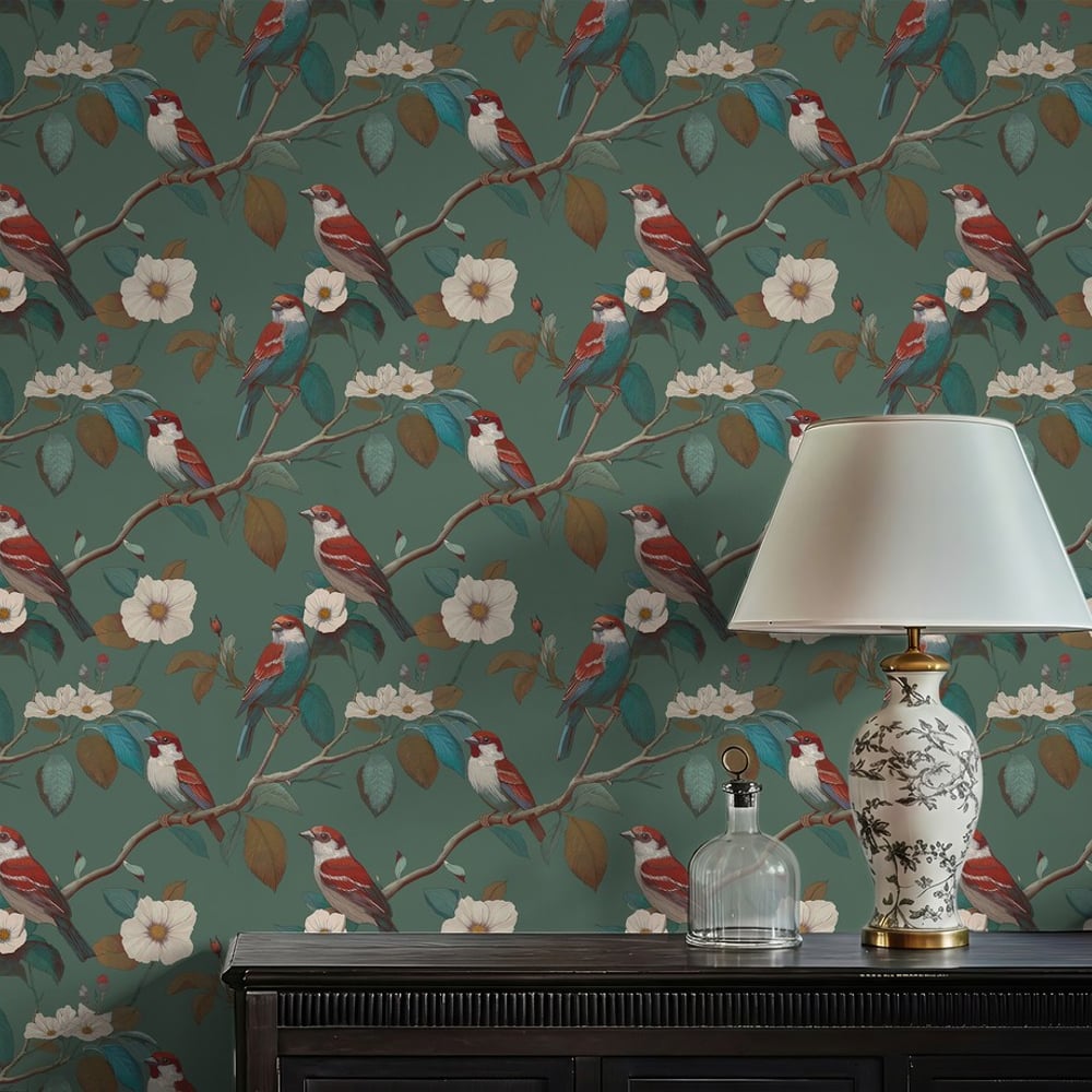 Frank Green - Wallpaper - Green - Living room - Birds - Blue Monkey - Non-Woven