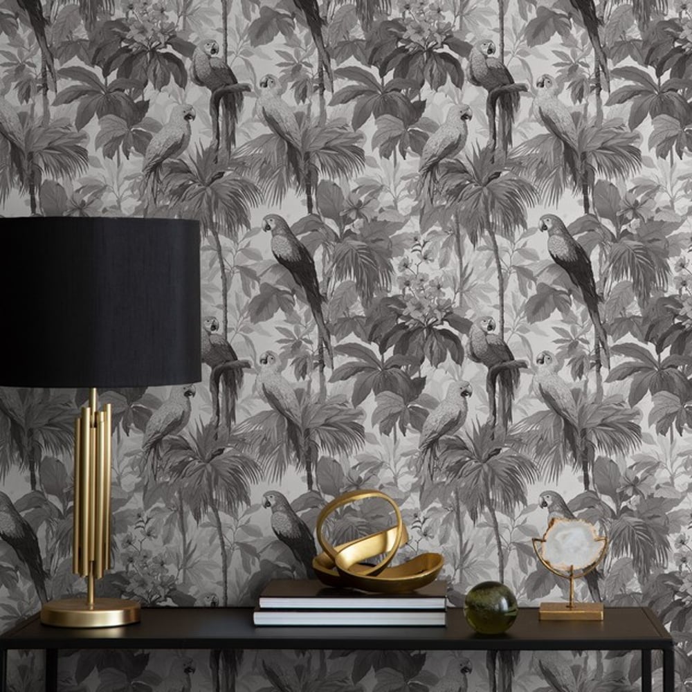 Jamal Grey - Wallpaper - Grey - Living room - Birds - Blue Monkey - Non-Woven
