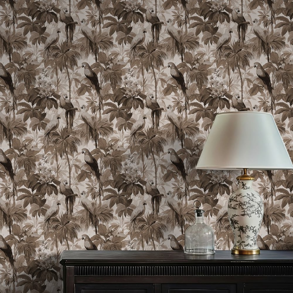 Jamal Brown - Wallpaper - Brown - Living room - Birds - Blue Monkey - Non-Woven
