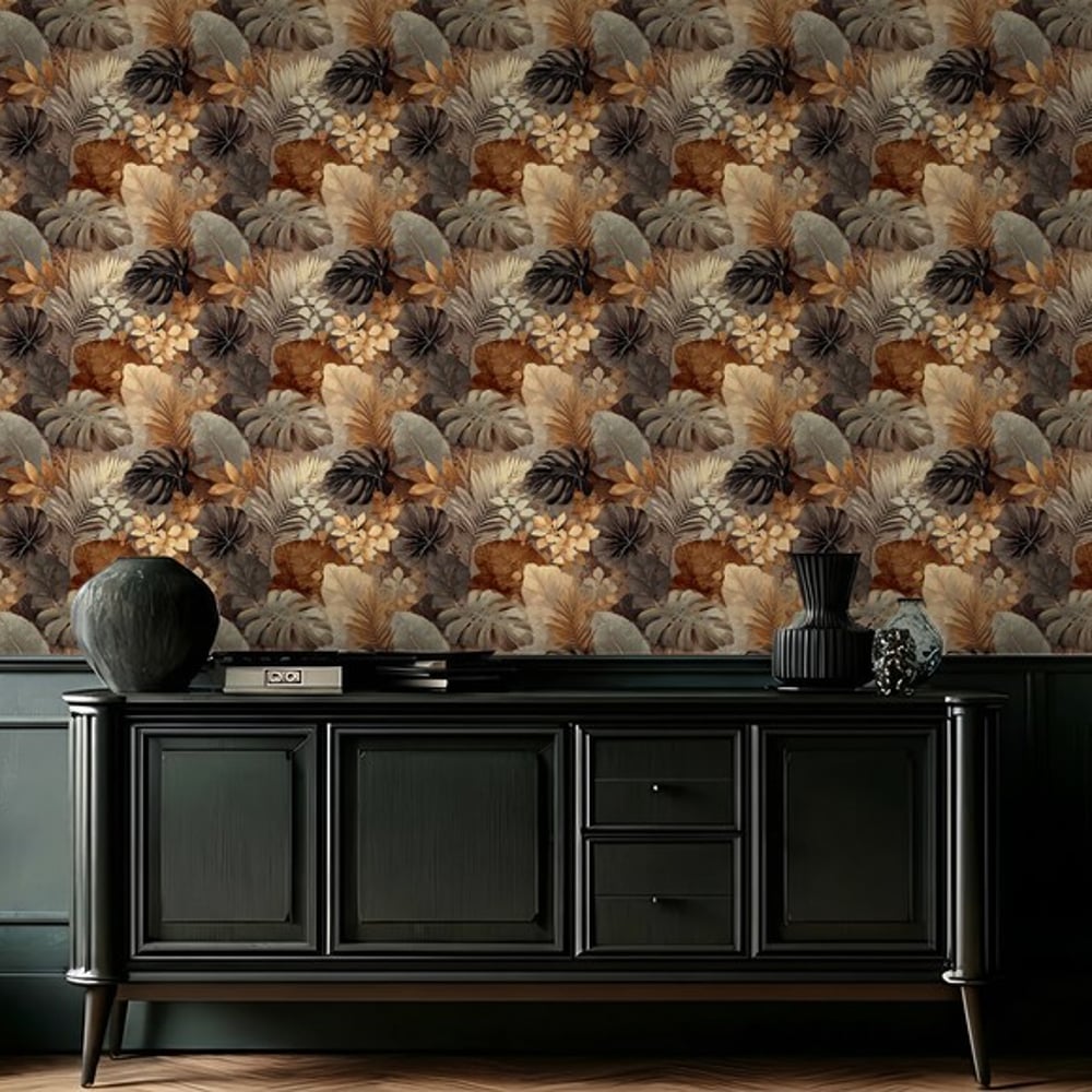 Nadim Brown - Wallpaper - Brown - Living room - Leaf - Blue Monkey - Non-Woven