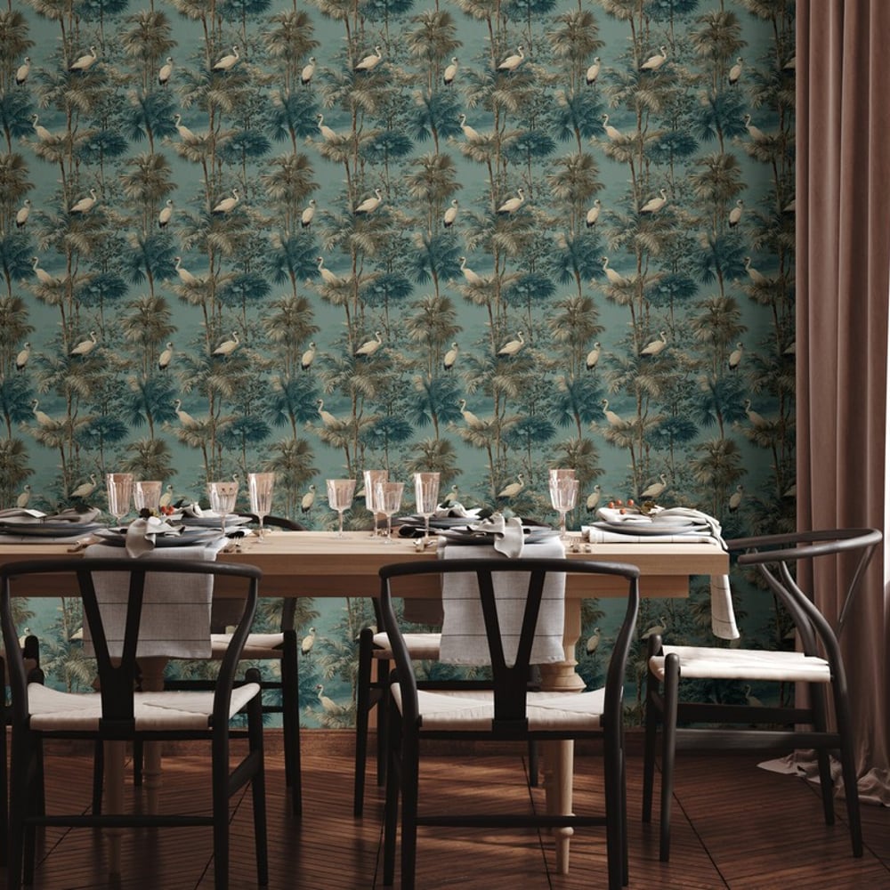 Sami Green - Wallpaper - Green - Kitchen - Birds - Blue Monkey - Non-Woven