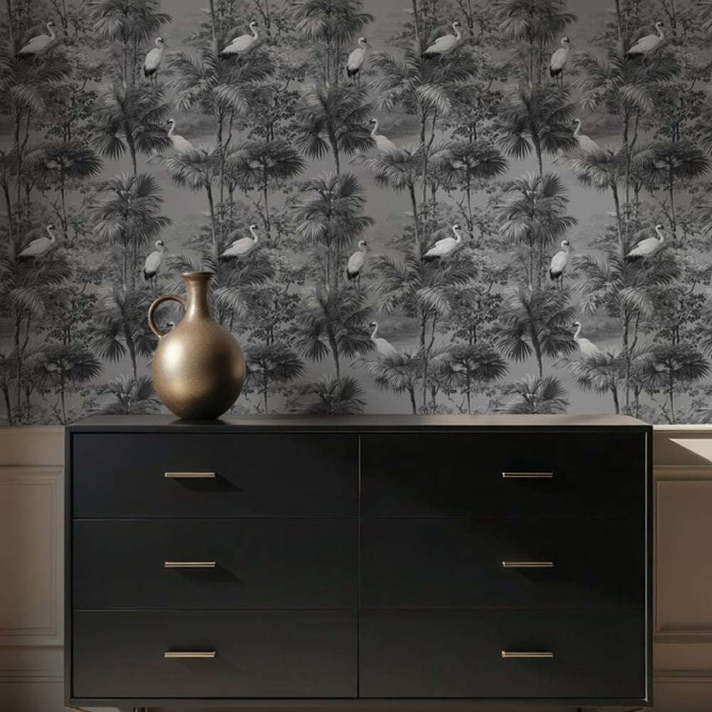 Sami Grey - Wallpaper - Grey - Hallway - Birds - Blue Monkey - Non-Woven