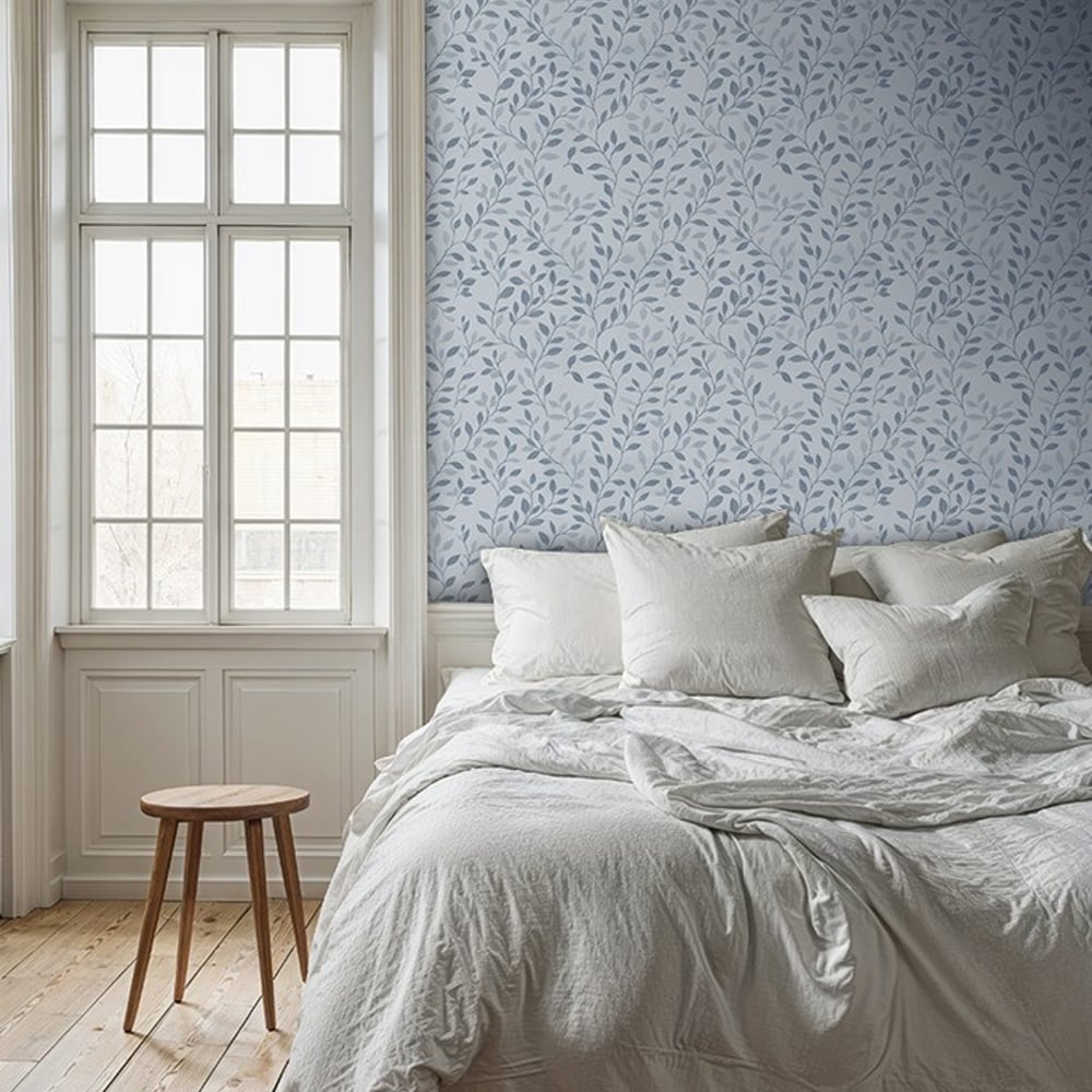 Algot Dark Blue - Papiers peints - Bleu - Chambre - Feuille - Scandza - Intissé