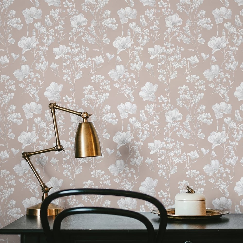Elina Beige - Papiers peints - Beige - Bureau - Floral - Scandza - Intissé