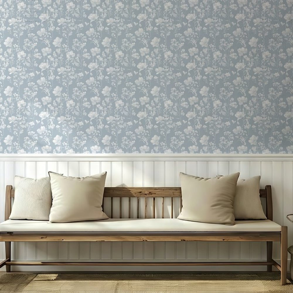 Elina Blue - Papiers peints - Bleu - Chambre - Floral - Scandza - Intissé