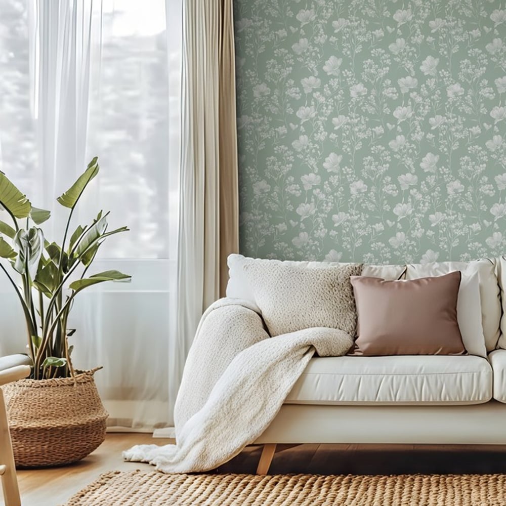Elina Green - Papiers peints - Vert - Salon - Floral - Scandza - Intissé