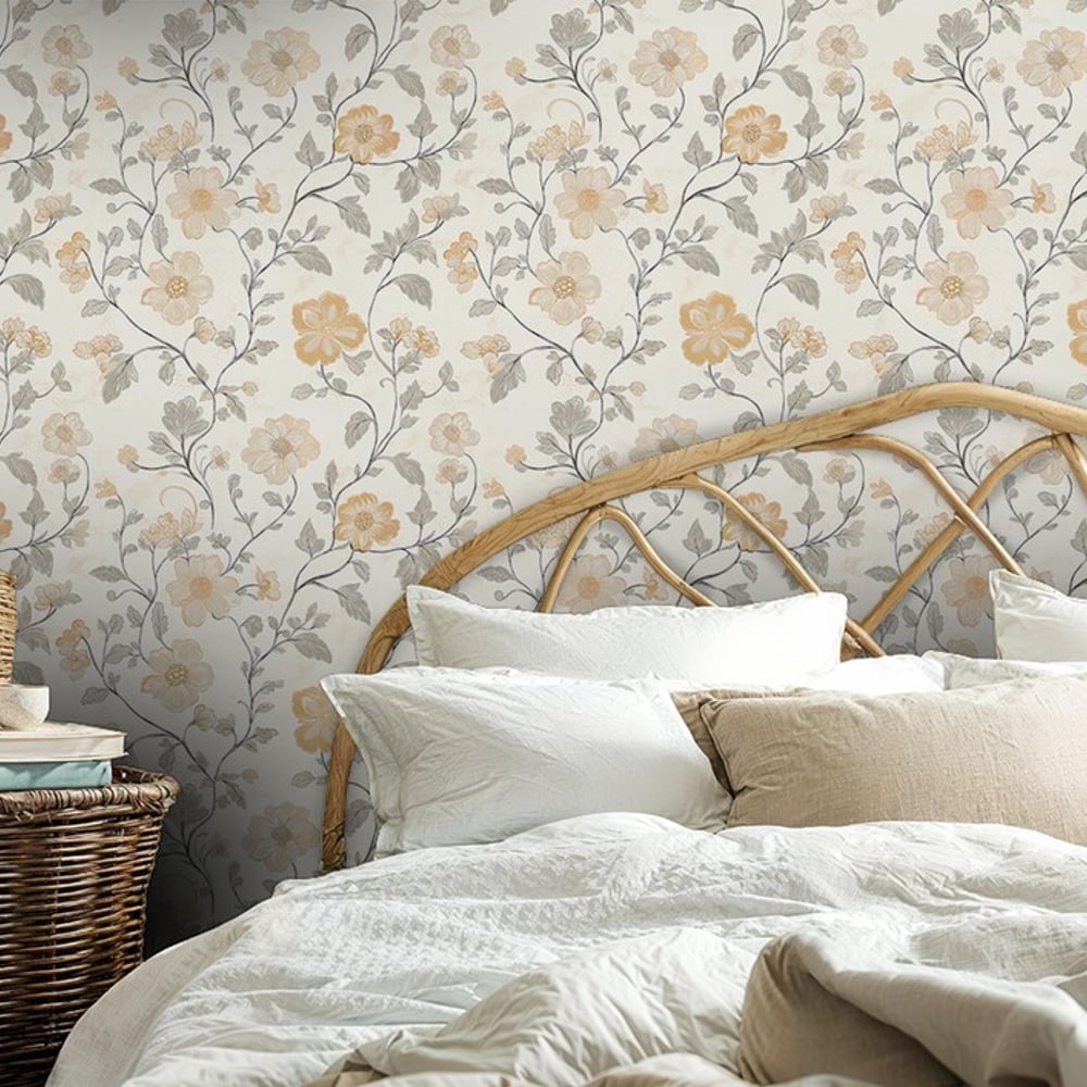 Fanny Beige - Papiers peints - Rose - Chambre - Floral - Scandza - Intissé