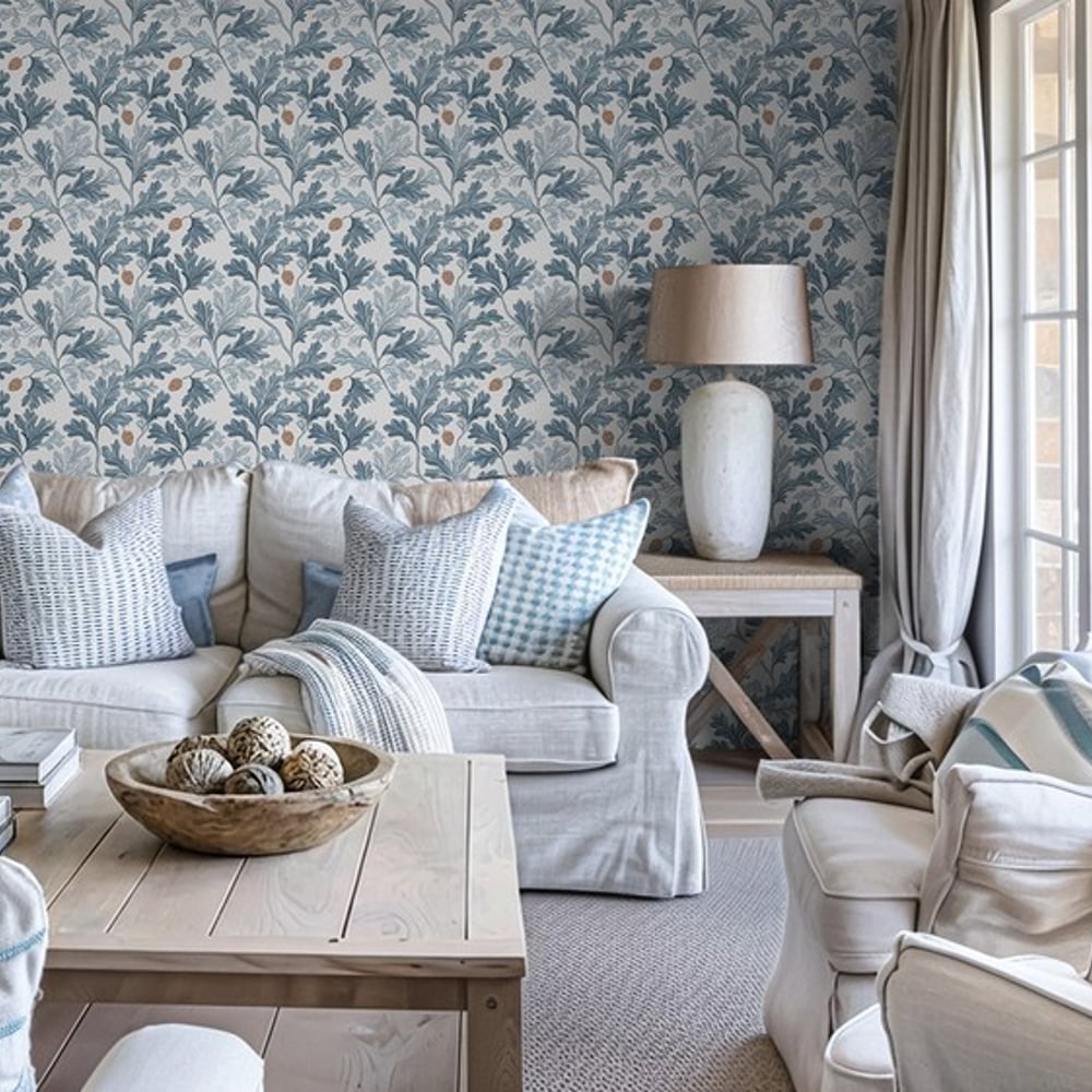 Henning Grey - Papiers peints - Bleu - Salon - Feuille - Scandza - Intissé