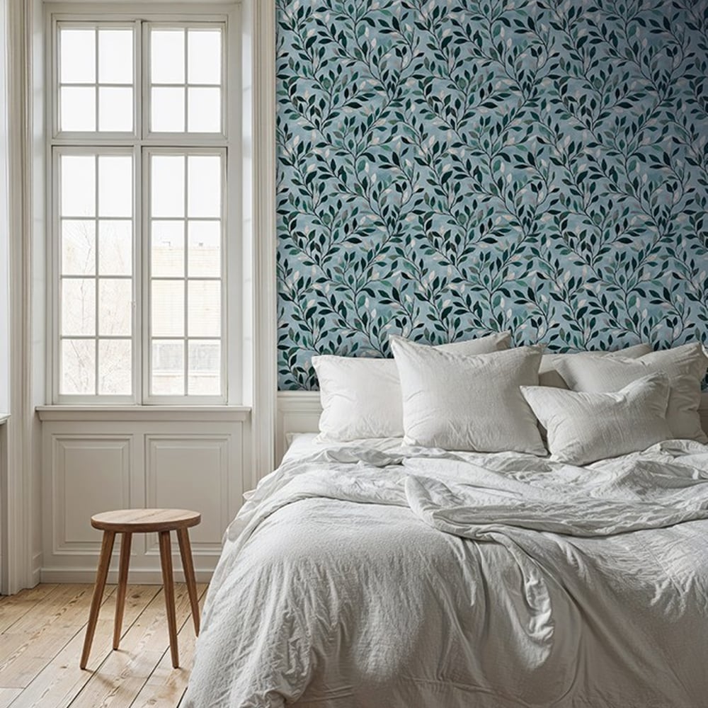 Hilding Blue - Papiers peints - Bleu - Chambre - Feuille - Scandza - Intissé