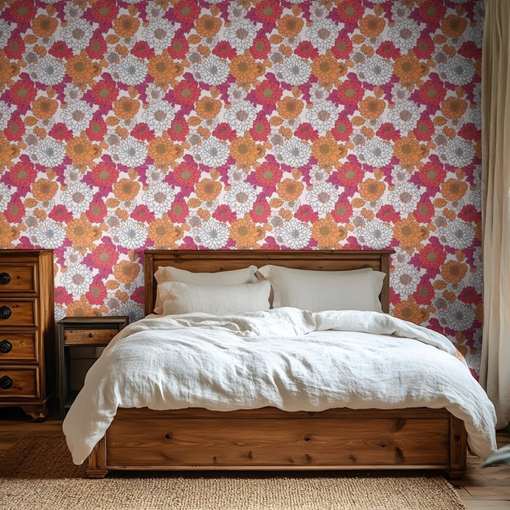 Hillevi Dark Pink - Papiers peints - Rose - Chambre - Floral - Scandza - Intissé