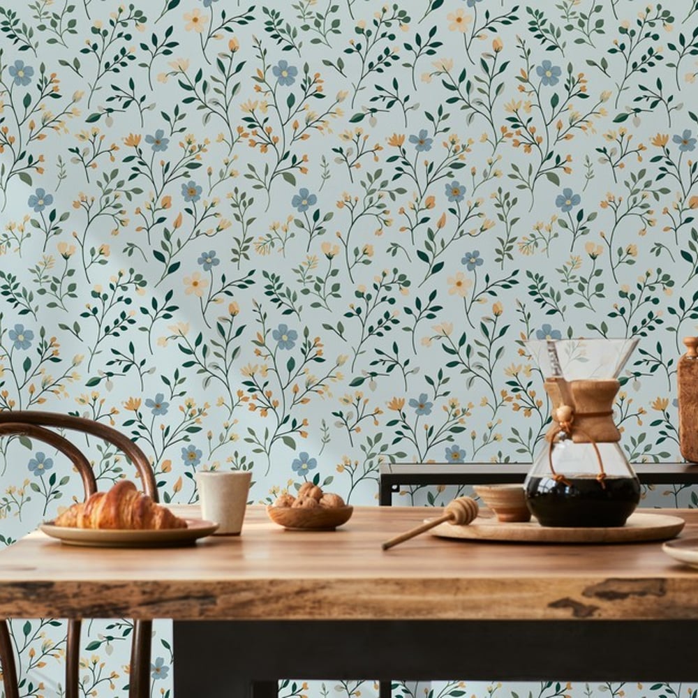 Anki Blue - Papiers peints - Bleu - Cuisine - Floral - Scandza - Intissé