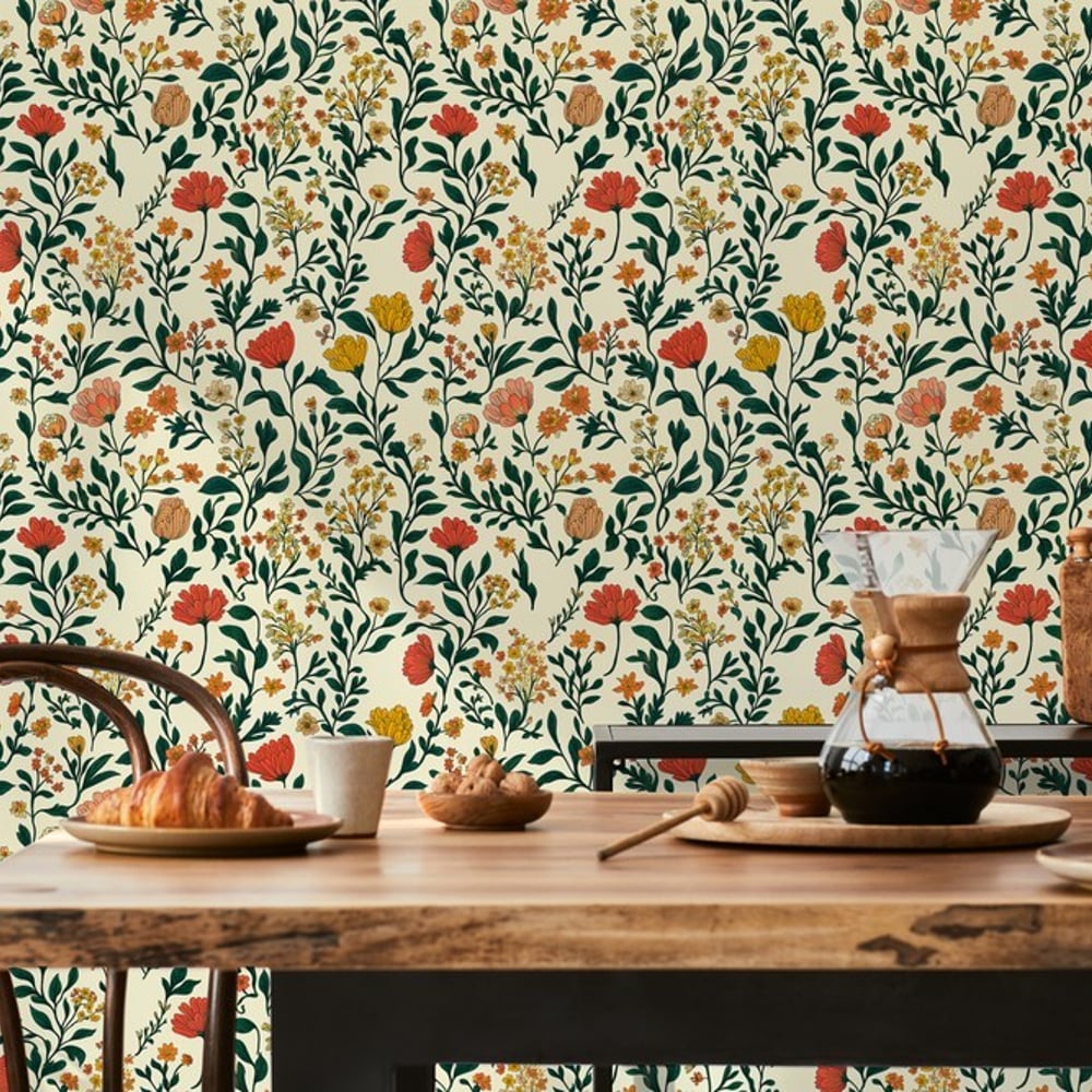 Frideborg Yellow - Papiers peints - Jaune - Cuisine - Floral - Scandza - Intissé