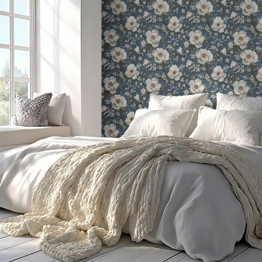 Asta Dark Blue - Papiers peints - Bleu - Chambre - Floral - Scandza - Intissé