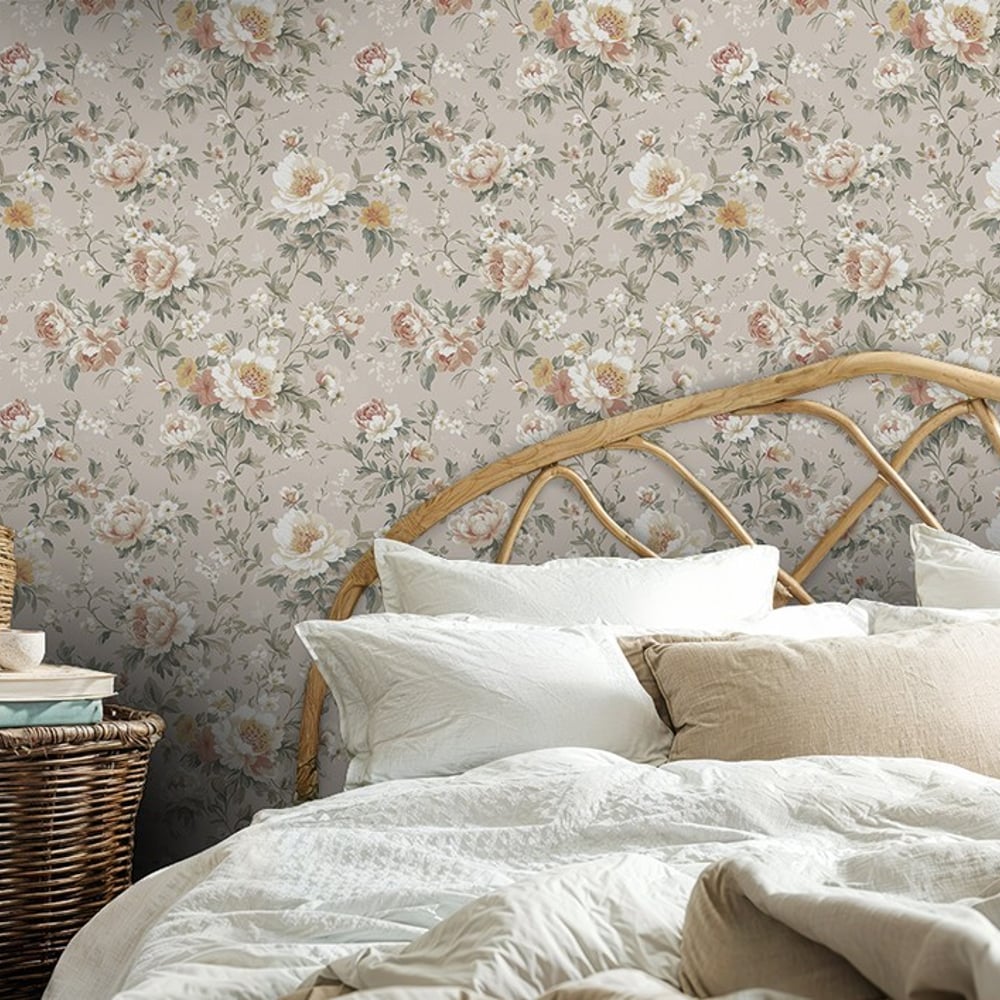 Ebba Beige - Papiers peints - Beige - Chambre - Floral - Scandza - Intissé