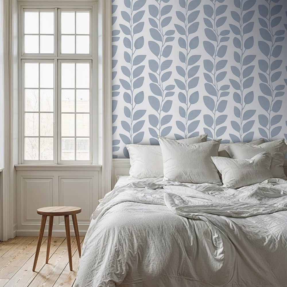 Hovsta Blue - Papiers peints - Bleu - Chambre - Feuille - Scandza - Intissé