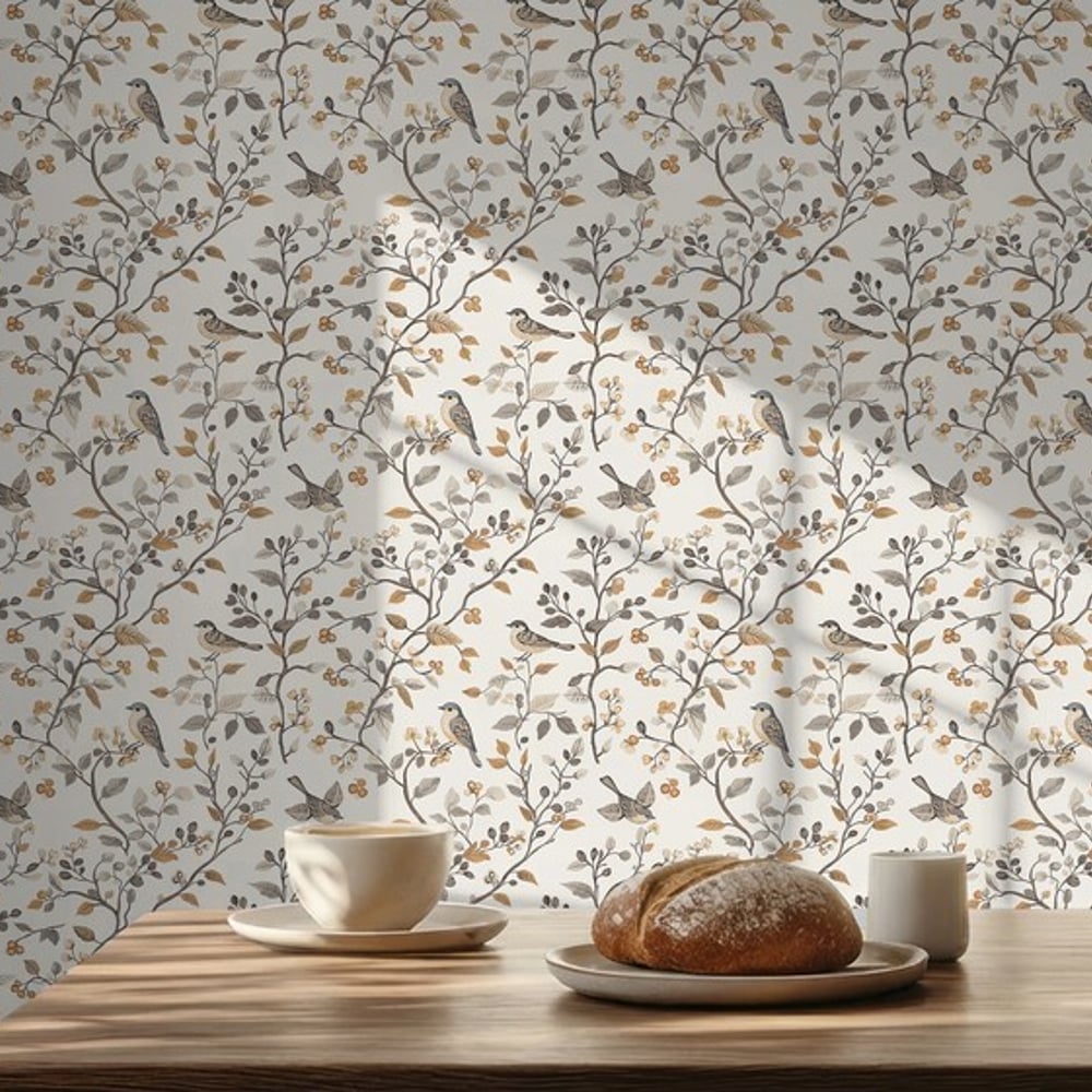 Ingemund Beige - Papiers peints - Beige - Cuisine - Oiseaux - Scandza - Intissé