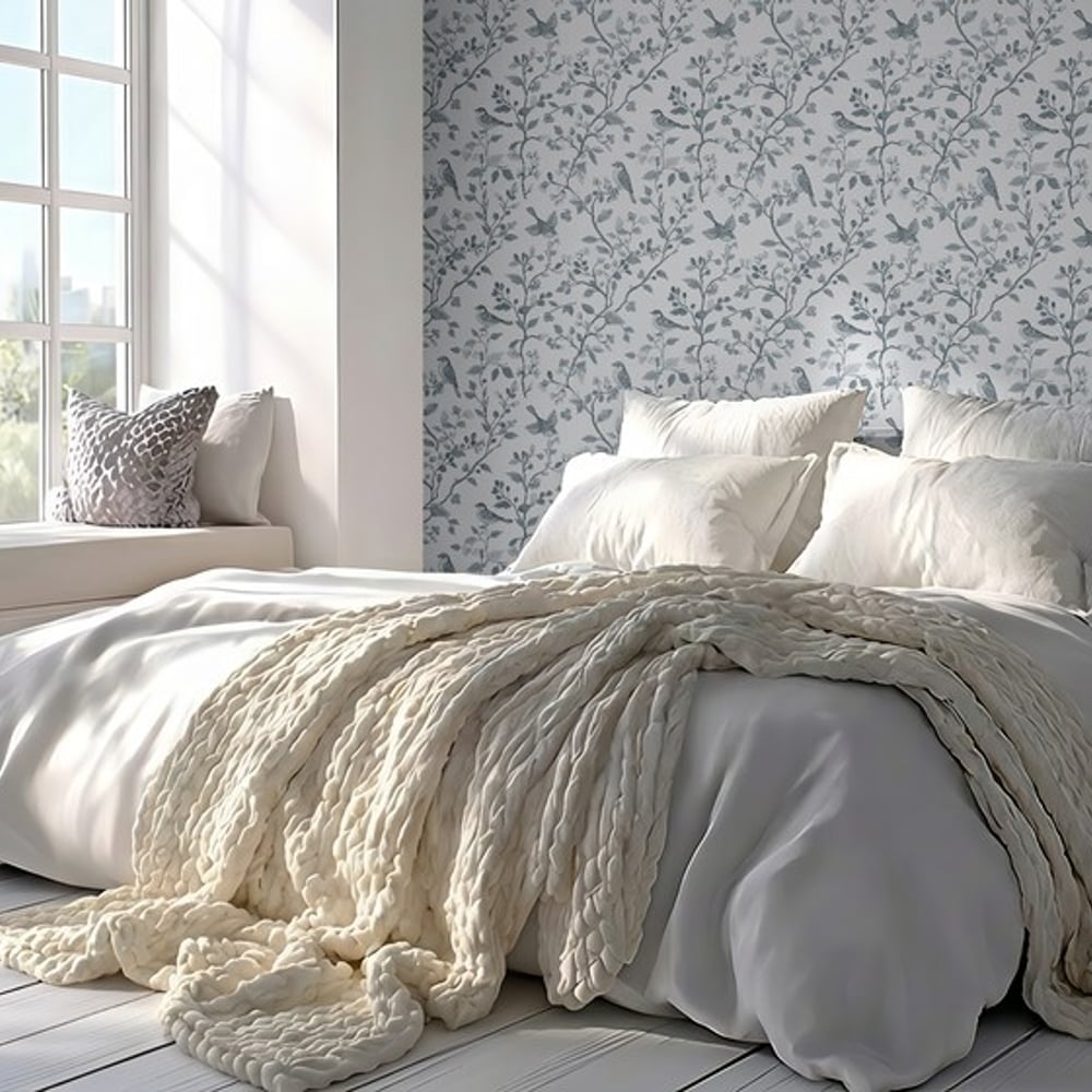 Ingemund Blue - Papiers peints - Bleu - Chambre - Oiseaux - Scandza - Intissé