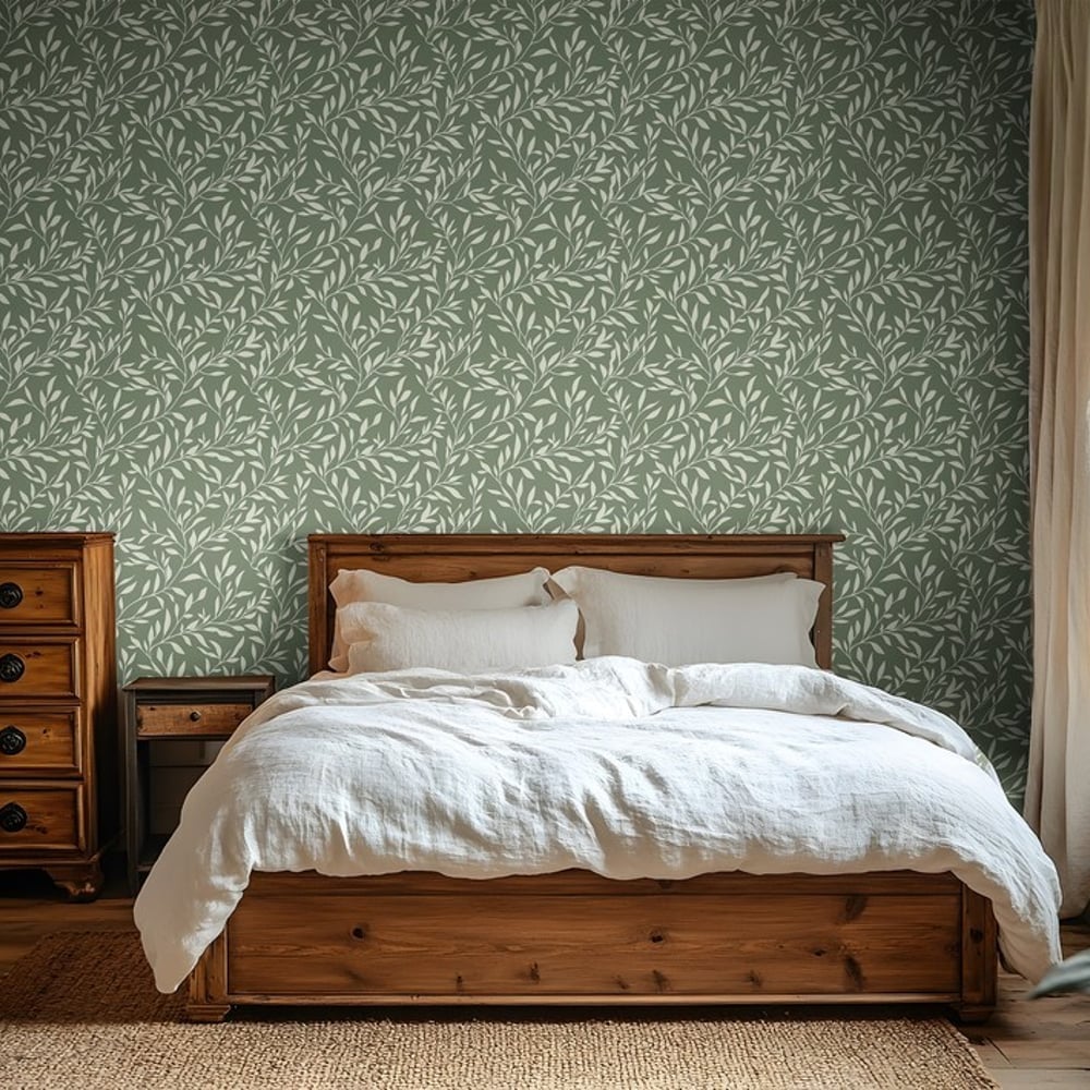 Johannes Dark Green - Papiers peints - Vert - Chambre - Feuille - Scandza - Intissé